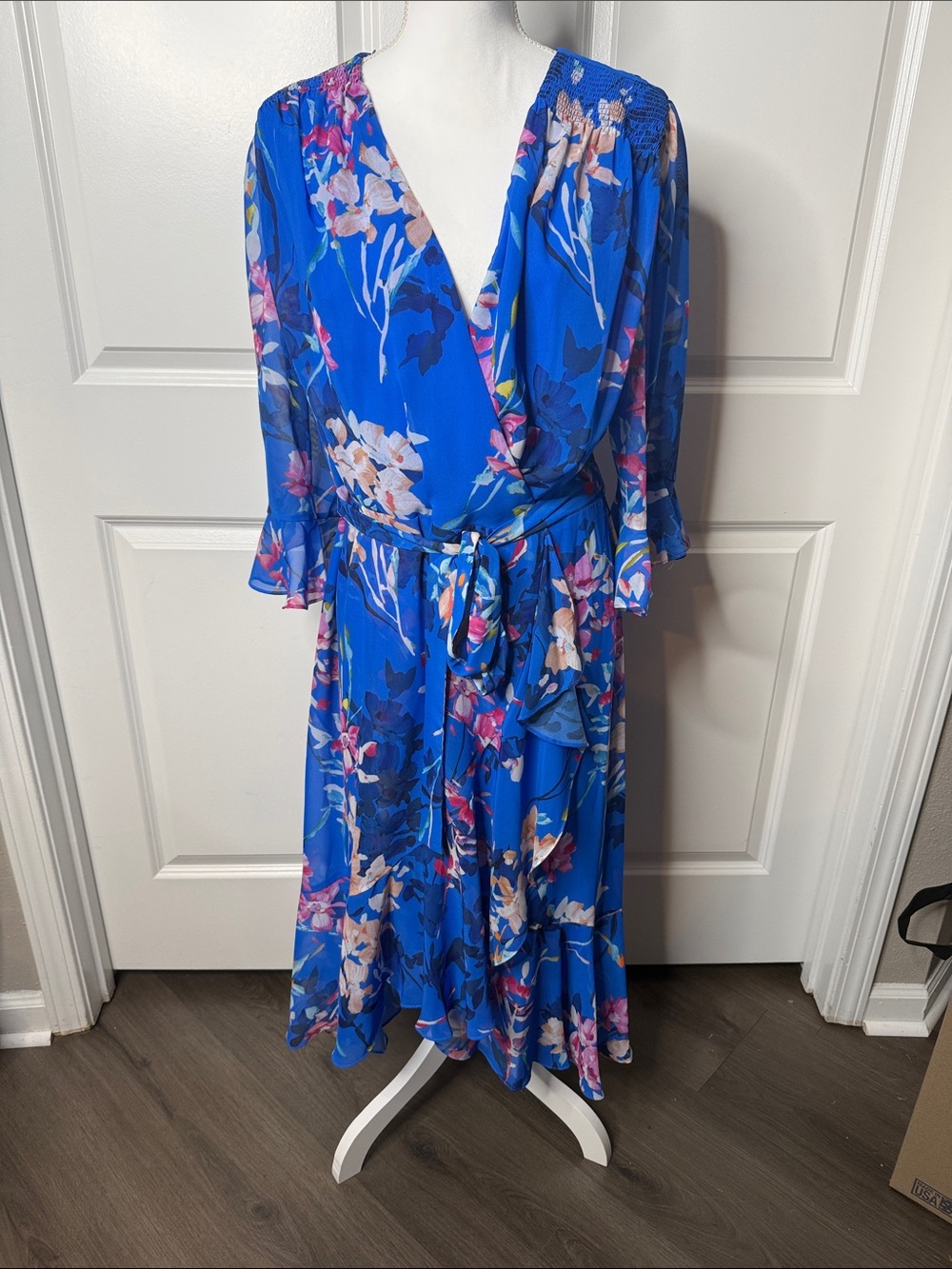 Adrianna Papell Blue Floral Wrap Midi Dress Gorgeous Size 14 W